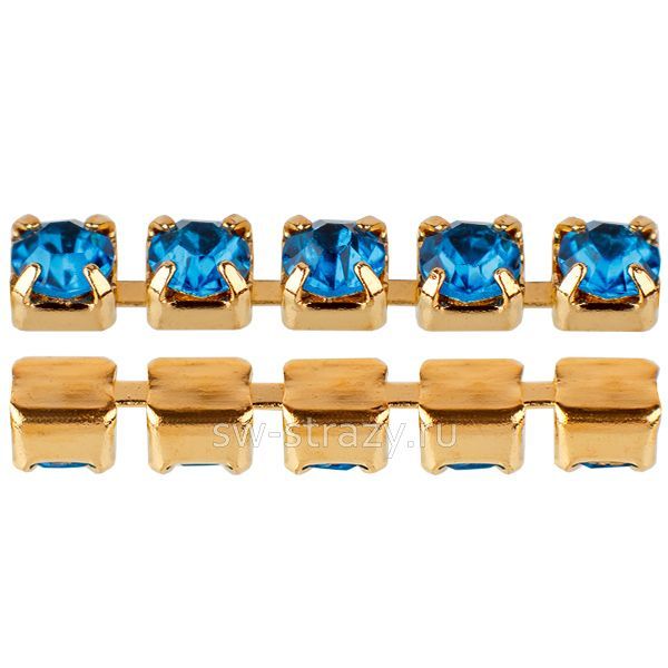 Стразовая цепь 2 мм  Capri blue\gold